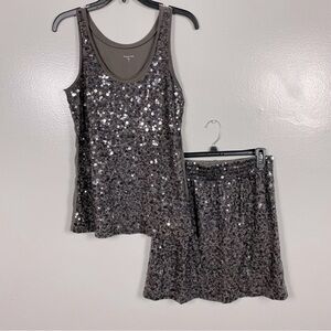 Garnet Hill sequined top and matching sequined skirt set in mocha